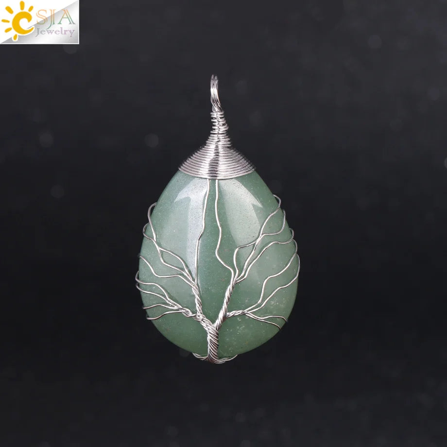 CSJA Natural Stone Pink Quartz Necklace & Pendant Silver-Color Tree of Life Wire Wrapped Water Drop Shape for Women Jewelry F122