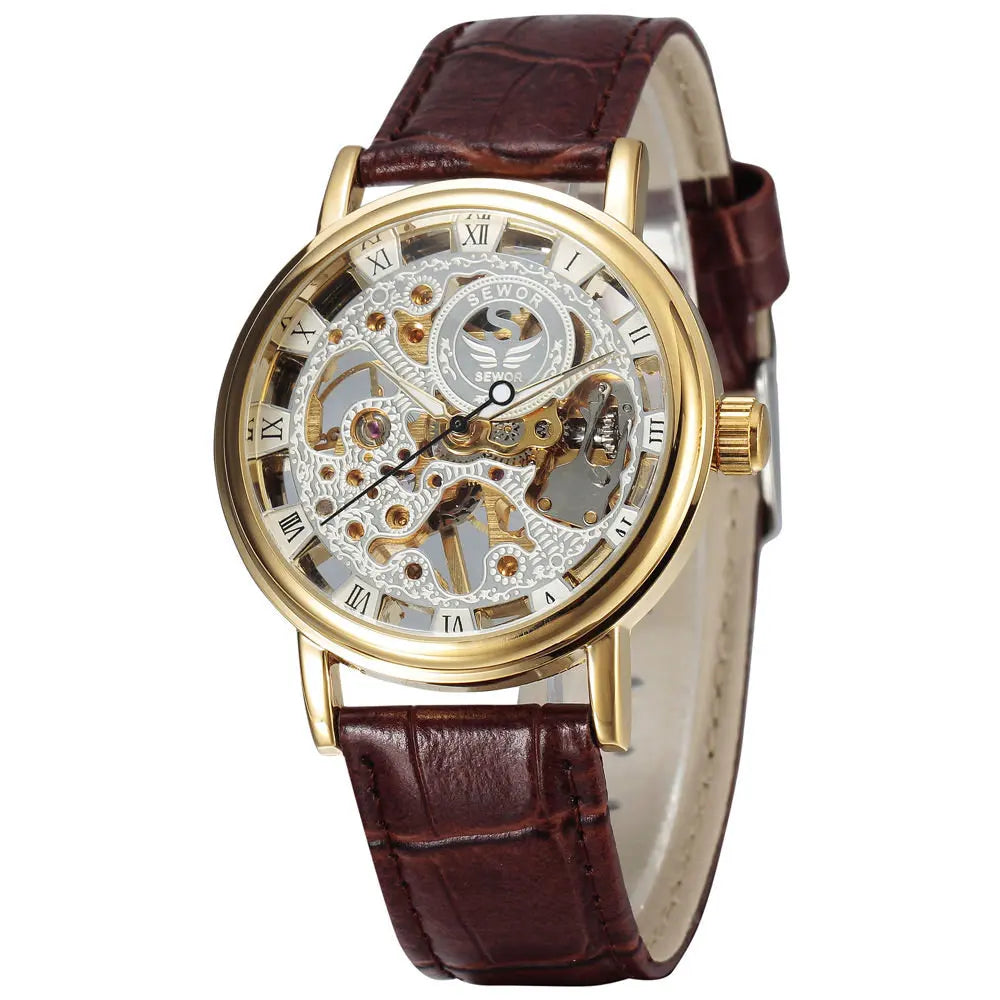 Casual New Fashion SEWOR Brand Skeleton Men Male Military Army Clock Classic Luxury Gold Mechanical Hand Wind Wrist Watch
