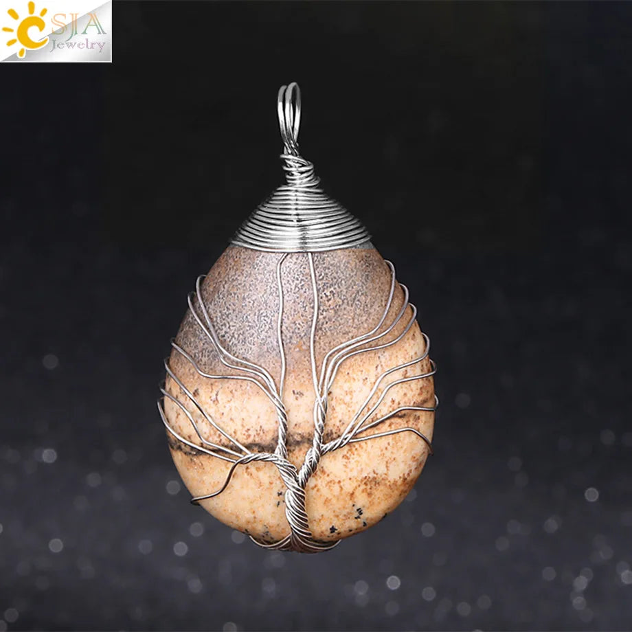 CSJA Natural Stone Pink Quartz Necklace & Pendant Silver-Color Tree of Life Wire Wrapped Water Drop Shape for Women Jewelry F122
