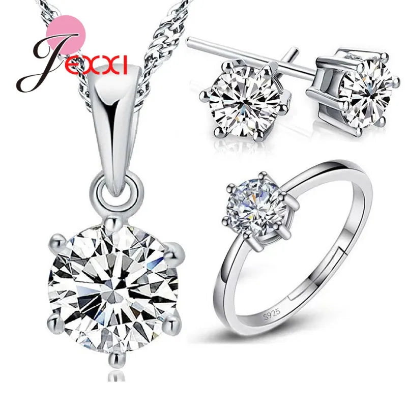 925 Sterling Silver Needle Bridal Jewelry Sets for Women Accessory Cubic Zircon Crystal Necklace Rings Stud Earrings Set