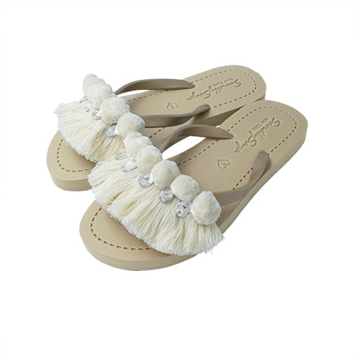 White Pom Pom Fringe - Embellished Flat Flip Flops Sandal