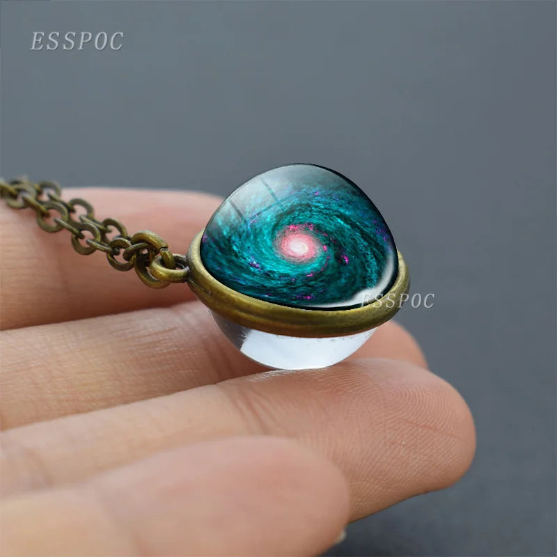 Full Moon Sphere Crystal Ball Glass Necklace Handmade Double Side Glass Ball Pendant Solar System Outer Space Astronomy Jewelry