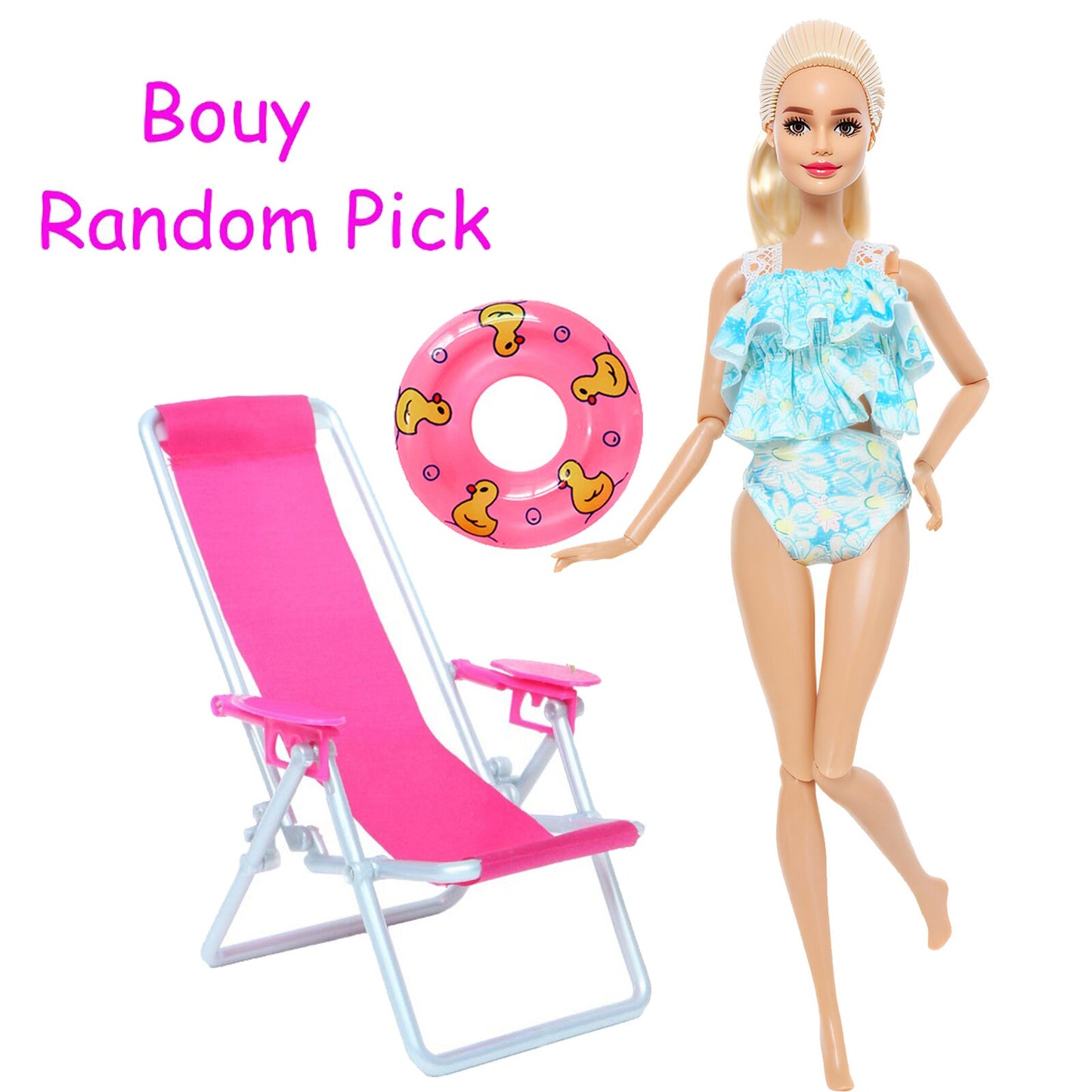 3 Pcs/Lot = 1x Swimsuit Bikini + 1x Random Swimming Buoy Lifebelt Ring +1x Pink Foldable Beach Chair Accessories for Barbie Doll