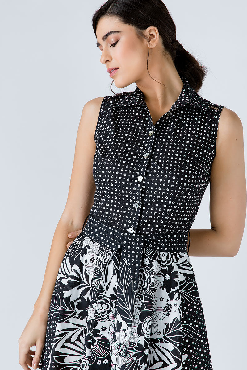 Button Detail Black Print Dress