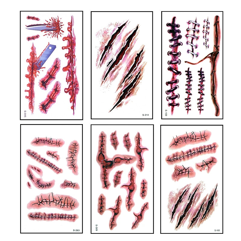 6pcs Halloween Bloody Wound Tattoo Stickers Trick Scary Waterproof Temporary Tattoo DIY Fake Tattoo Halloween Party Decoration