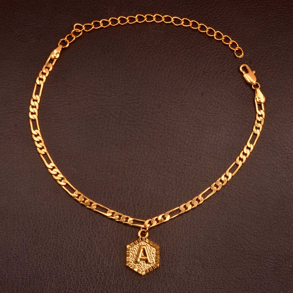 Anniyo 21cm + 10cm Extender Chain / A-Z Initial Letter Anklet for Women Alphabet Jewelry Foot Chain Girl #105906