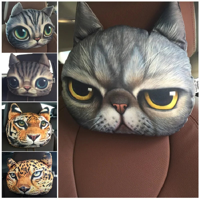 Newest 2024 3D Printed Dog Cat Face Car Headrest Neck Rest Auto Neck Safety Cushion Car Neck Support Headrest Without Filler