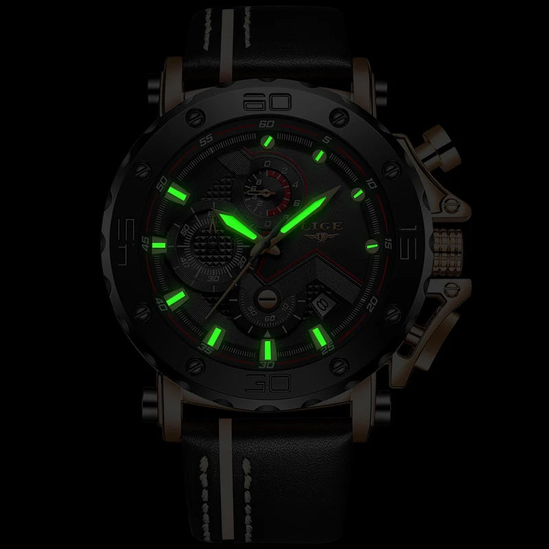 2023LIGE New Fashion Mens Watches Top Brand Luxury Big Dial Military Quartz Watch Leather Waterproof Sport Chronograph Watch Men
