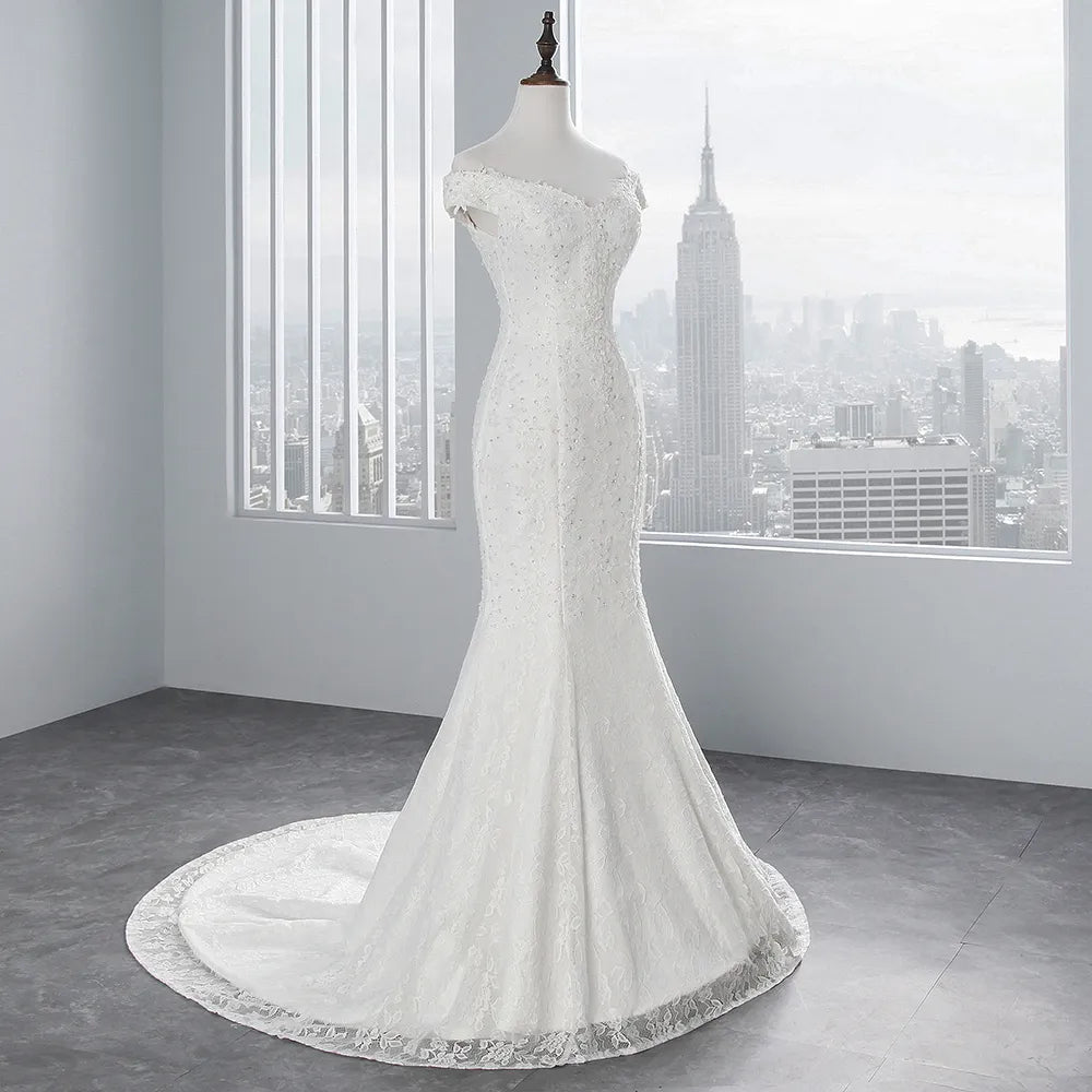 PoemsSongs Real Photo Boat Neck Beautiful Lace Wedding Dress for Wedding Vestido De Noiva Mermaid Wedding Dress