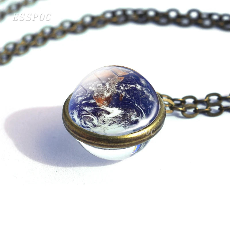 Full Moon Sphere Crystal Ball Glass Necklace Handmade Double Side Glass Ball Pendant Solar System Outer Space Astronomy Jewelry