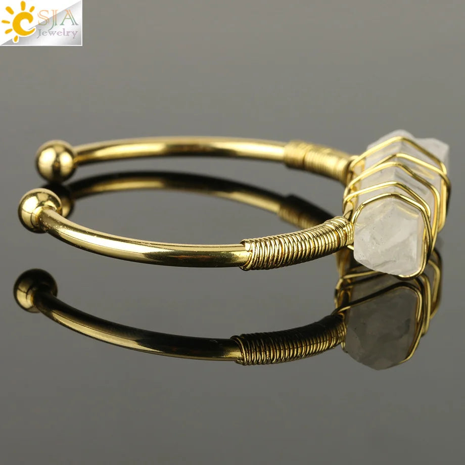 CSJA Natural Stone Clear Quartz Bangles Open Cuff Bracelet Wire Wrap Irregular Crystal Stones Copper Bangle Female Jewelry G168