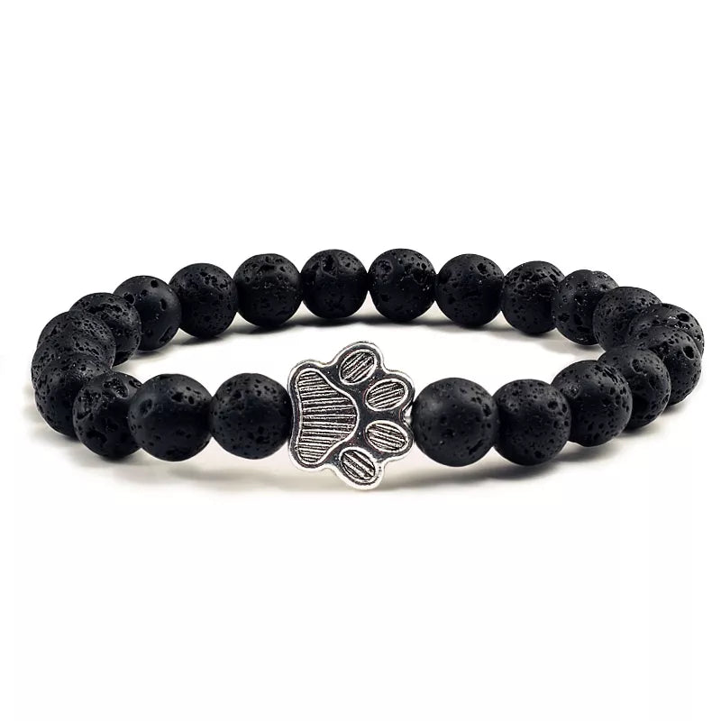 Natural Matte Black Lava Volcanic Stone Paw Print Charm Bracelet Homme Femme Pet Memorial Cat Dog Lovers Jewelry Bracelets