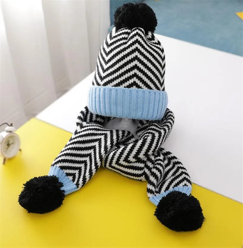 Winter Kid Warm Knit Hat and Scarf Child Patchwork Stripe Hat 2 Piece Set Boy Girls Ear Protection Cap With Pom Pom Scarves