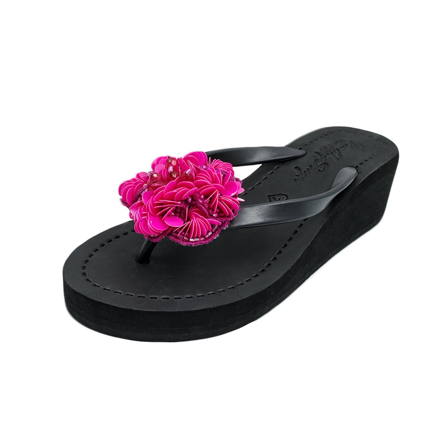 Noho Pink Flower - Embroidered Mid Wedge Flip Flops