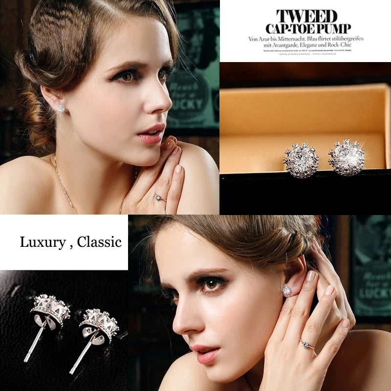Jewelry Crown Women Classic Shining Zircon Small Stud Earrings Gold Color Ears Stud for Men Crystal Earrings WE132