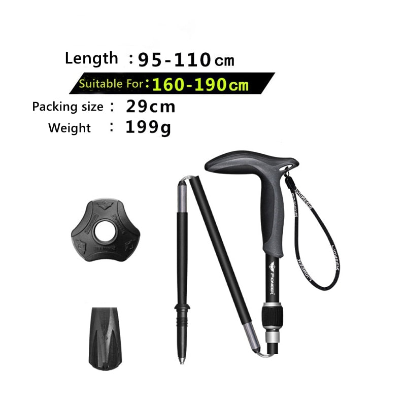 Pioneer 1 Pcs T Handle Trekking Pole Carbon Fibre Hiking Cane Matte Black 5 Sections Ultralight Portable Walking Sticks Outdoor