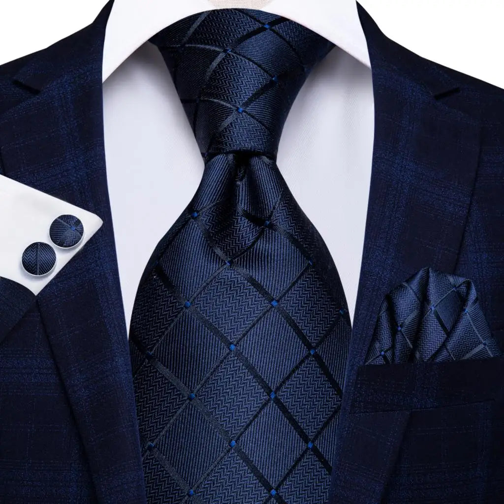 Business Tie for Men Silk Blue Tie Dots Necktie Set Plaid Cufflinks for Wedding Business Tie 150cm Hi-Tie SN-3529