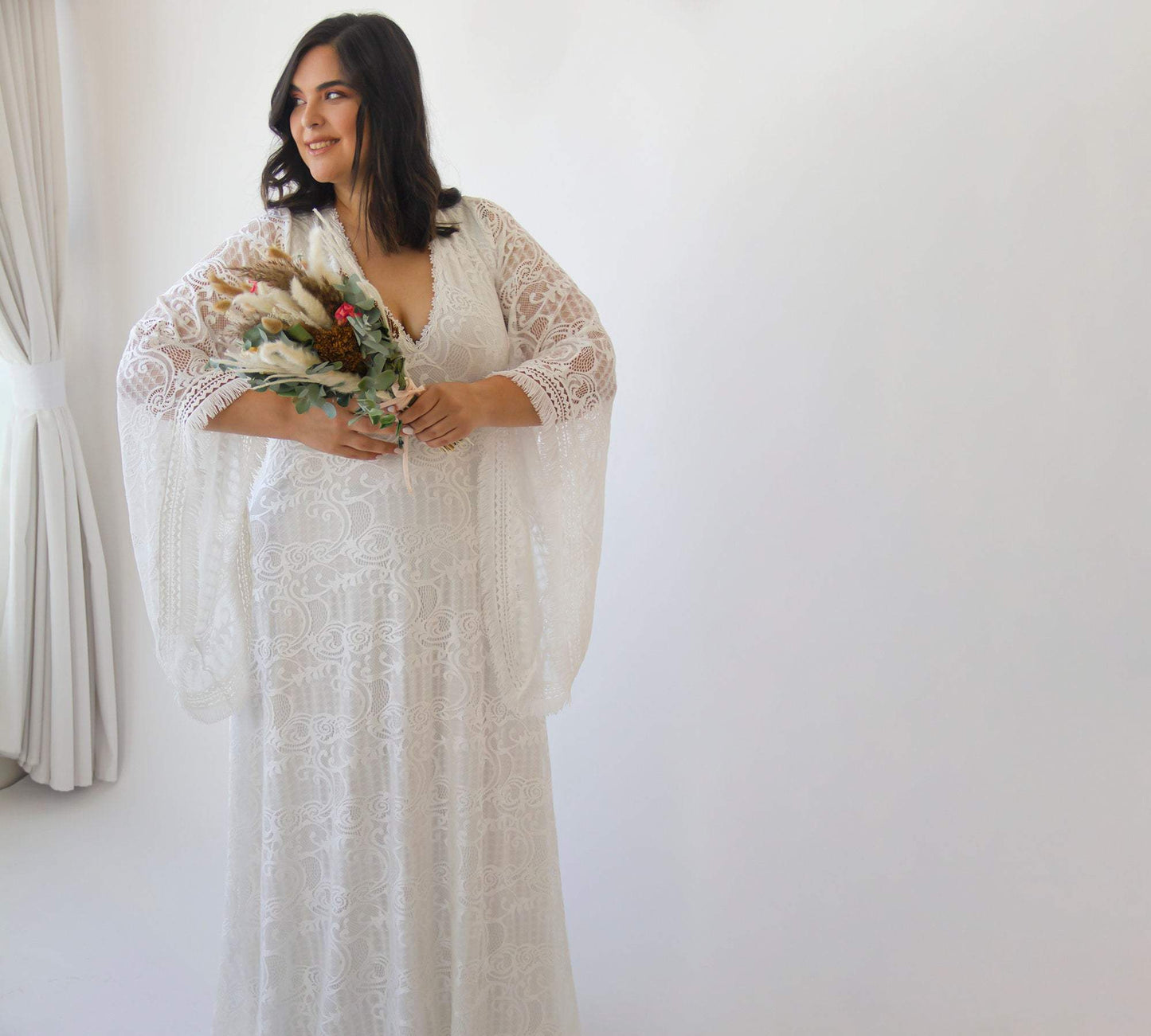 Curvy Lace Ivory Bridal Kaftan With Fringe ,Bat Sleeves Lace Wedding Dress #1328
