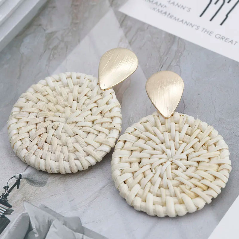 AENSOA Multiple 27 Style Korea Handmade Wooden Straw Weave Rattan Vine Braid Drop Earrings New Geometric Long Earrings