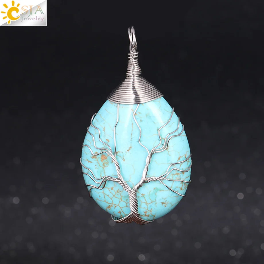 CSJA Natural Stone Pink Quartz Necklace & Pendant Silver-Color Tree of Life Wire Wrapped Water Drop Shape for Women Jewelry F122