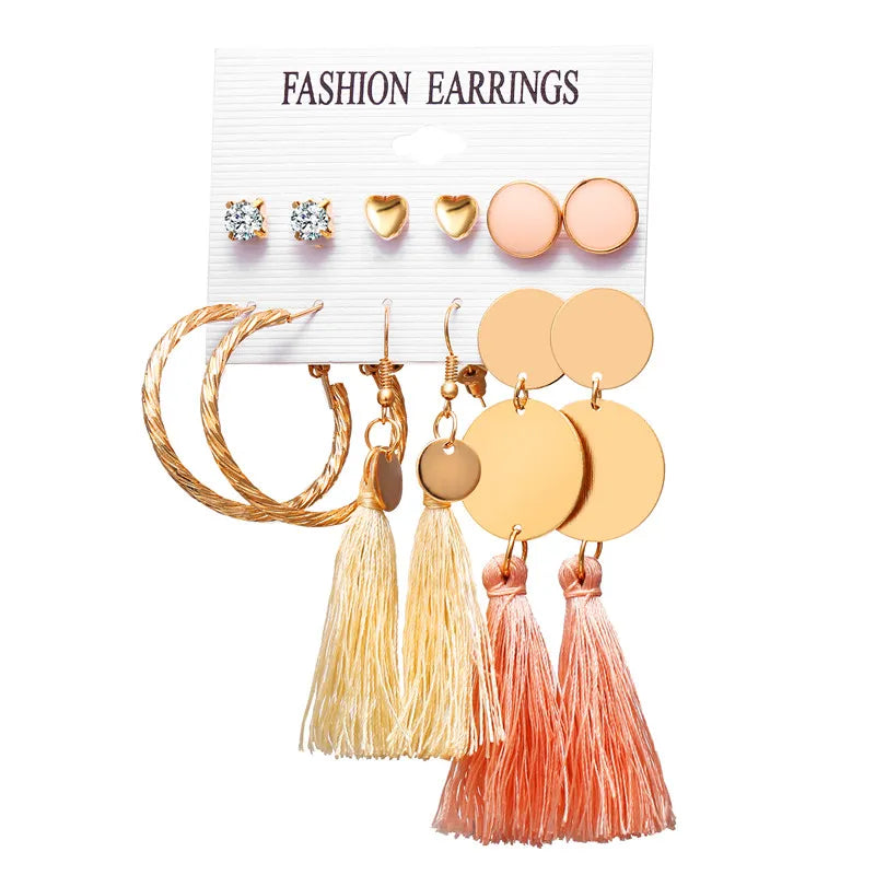 17KM 30 Boho Tassel Earrings Bohemian Long Earrings Set for Women Brincos Geometric Fabric Drop Earring Female Fashion Jewelry