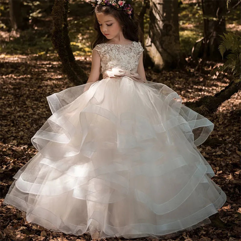 Flower Girl Dresses Tulle 2023Beading Appliqued Pageant Dresses for Girls First Communion Dresses Kids Prom Dresses