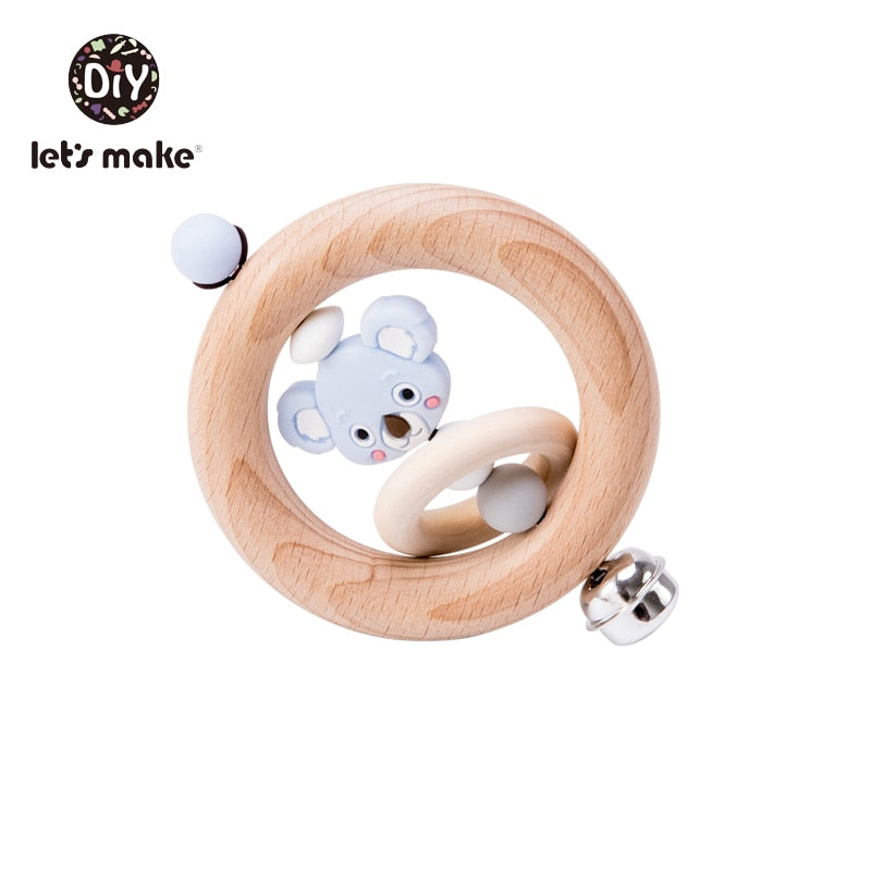 Baby Toys 1pc Silicone Beads Cartoon Rattle Teething Ring of Beech Wood 0-12 Moths Children Christmas Stroller Let's Make