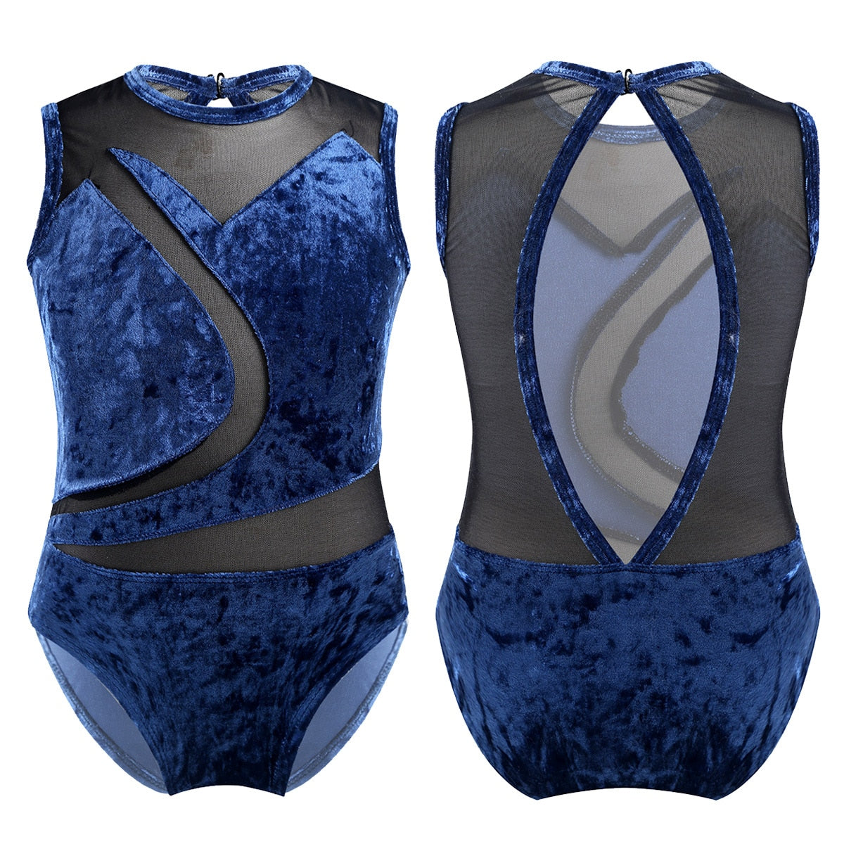 Girls Sleeveless Soft Pleuche Mesh Splice Gymnastics Leotard One-Piece Cutout