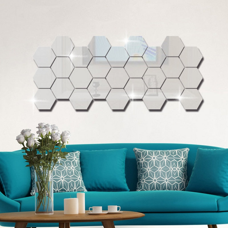12Pcs 3D Hexagon Acrylic Mirror Wall Stickers DIY Art Home Decor Living Room Decorative Tile Stickers Room Accessori