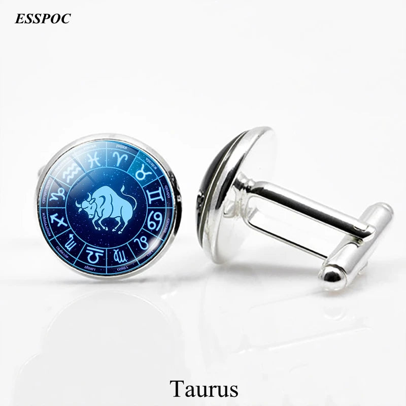 12 Zodiac Signs Glass Cabochon Cufflinks Metal Constellations Cuff Link for Men Shirt Accessories Valentines Day