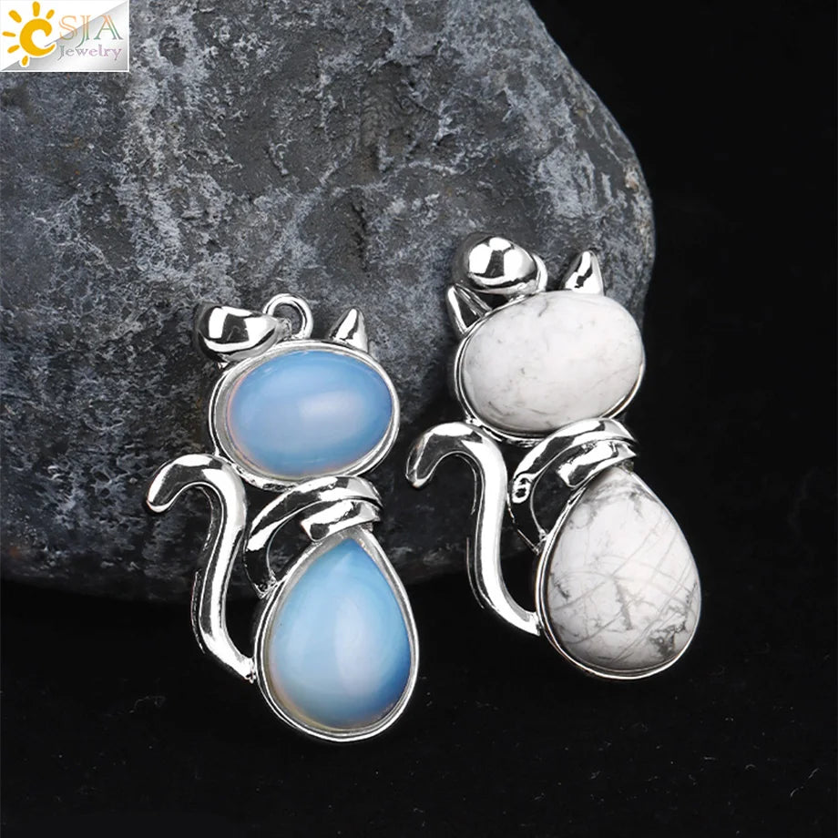 CSJA Reiki Natural Stone Necklaces Pink Quartz Pendants for Women Girl Cute Cat Shape Rock Black Onyx Beads Chain Jewelry F066