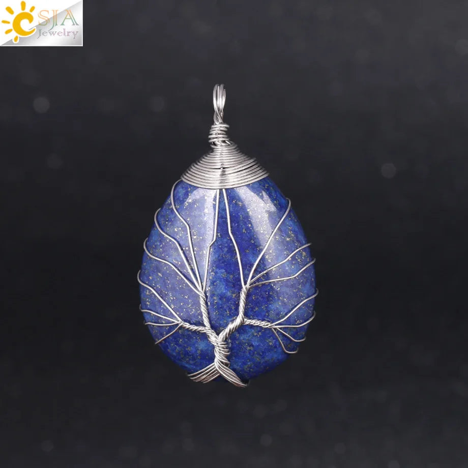 CSJA Natural Stone Pink Quartz Necklace & Pendant Silver-Color Tree of Life Wire Wrapped Water Drop Shape for Women Jewelry F122