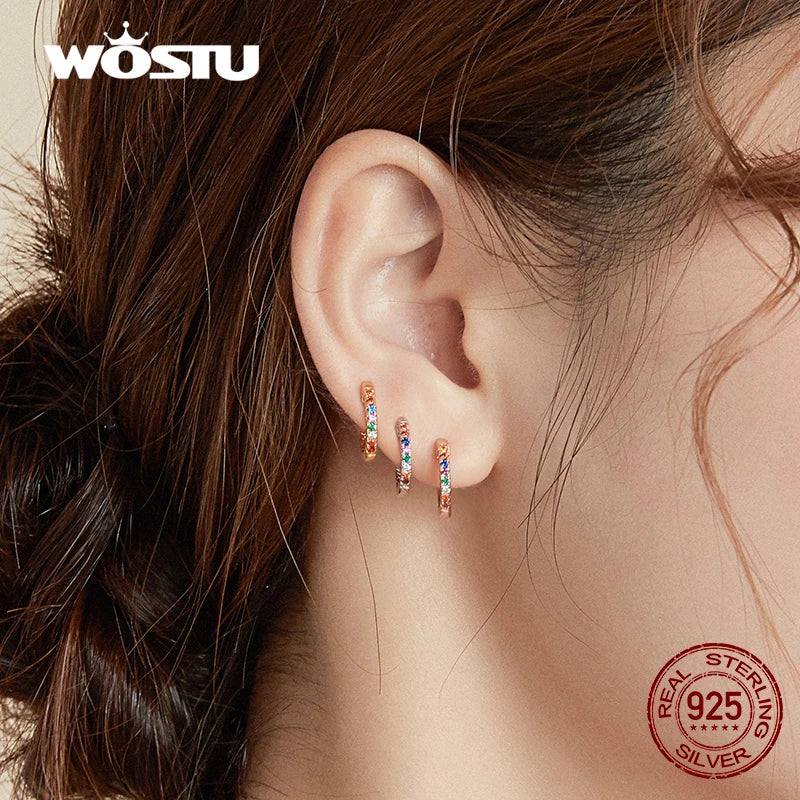 WOSTU 925 Sterling Silver Classic Round Silver Hoop Earrings Authentic Clear Zircon Earrings for Women Jewelry CQE498