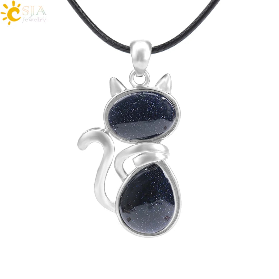 CSJA Reiki Natural Stone Necklaces Pink Quartz Pendants for Women Girl Cute Cat Shape Rock Black Onyx Beads Chain Jewelry F066