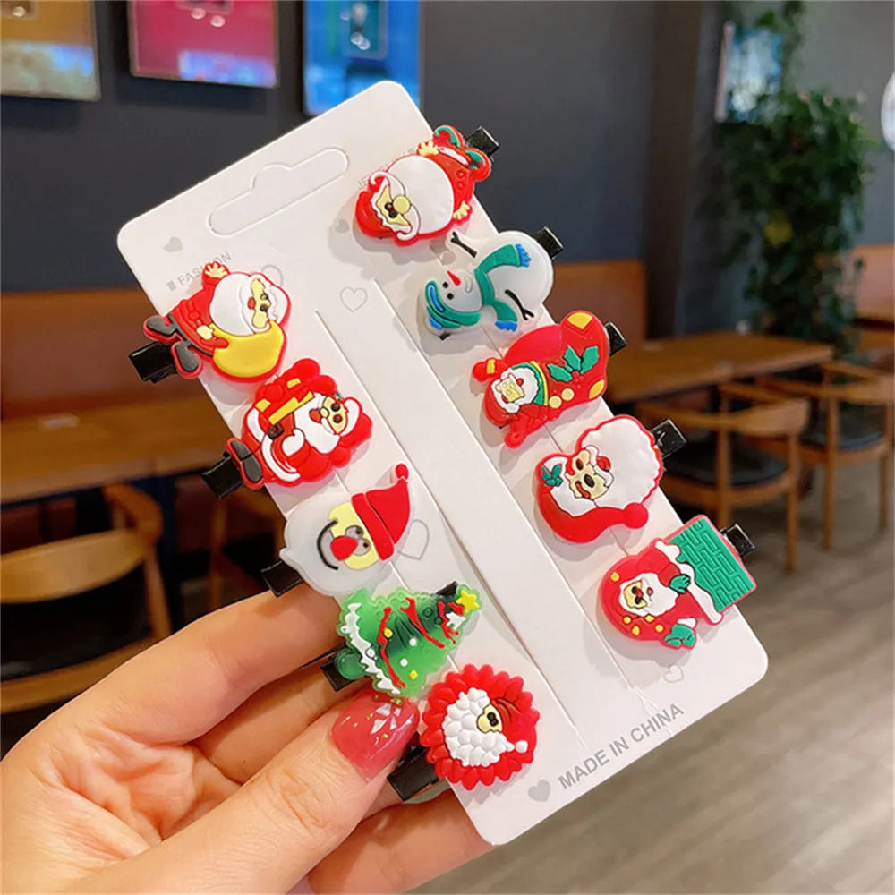 10pcs Cute Christmas Hair Clips Set Classic Xmas Tree Santa Claus Reindeer Pattern Alligator Pins for Baby Girls Bangs Barrettes