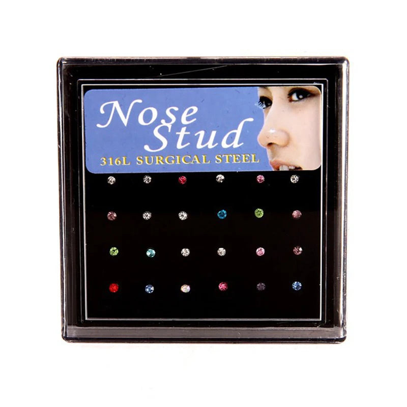 24pcs Crystal Nose Ring & Studs Body Women Girl Jewelry Stainless Surgical Steel Nose Piercing Colorful Rhinestone