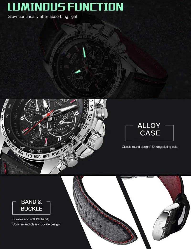 MEGIR Mens Watches Top Luxury Brand Male Clocks Military Army Man Sport Clock Leather Strap Business Quartz Men Wrist Watch 1010