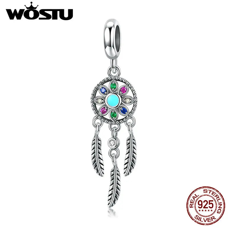 WOSTU 925 Sterling Silver Bee Dreamcatcher Wings Bead Charm Pendant Fit Original Bracelet Bangle Women DIY Fine Jewelry