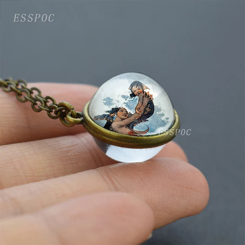Vintage Double Sided Glass Ball Necklace Hadas Goticas Angel on Moon Art Photo Fairy Tale Pendant Women Jewelry