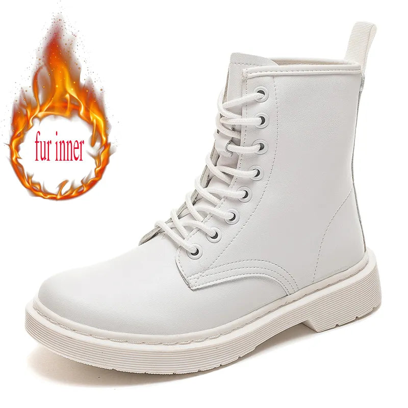 Soft Split Leather Women White Ankle Boots Female Autumn Winter Shoes Woman Punk Motorcycle Boots Spring Winter 35-44