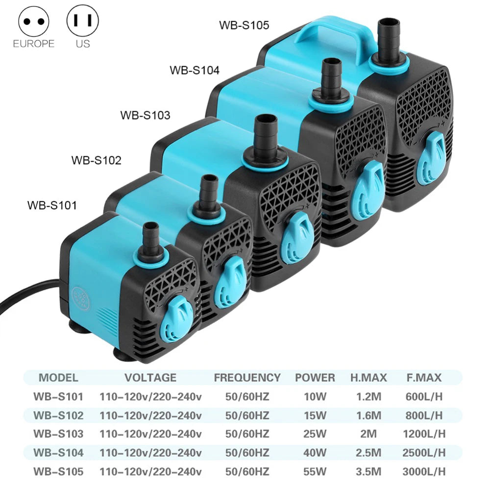 220V Ultra Quiet Submersible Water Pump Filter Fish Pond Fountain Aquarium Tank High-Lift 10 15 25 40 55W 600-3000l/H EU Plug