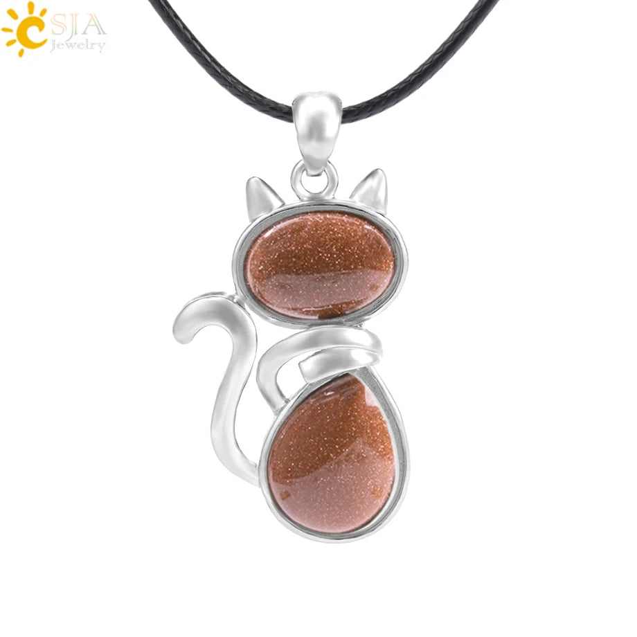 CSJA Reiki Natural Stone Necklaces Pink Quartz Pendants for Women Girl Cute Cat Shape Rock Black Onyx Beads Chain Jewelry F066