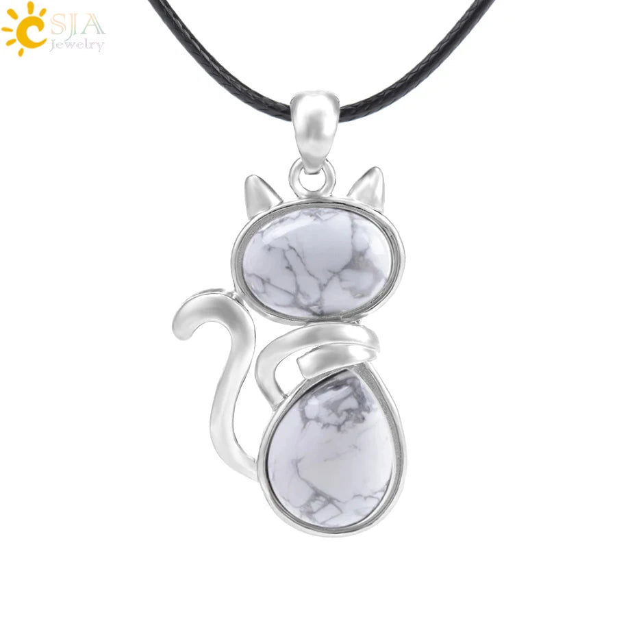 CSJA Reiki Natural Stone Necklaces Pink Quartz Pendants for Women Girl Cute Cat Shape Rock Black Onyx Beads Chain Jewelry F066