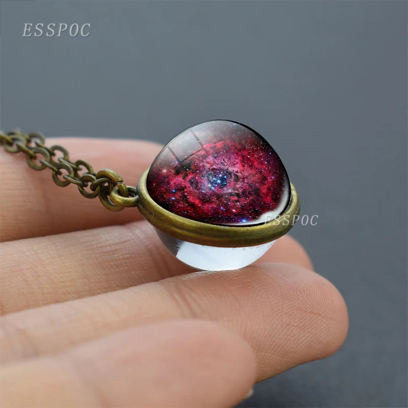 Full Moon Sphere Crystal Ball Glass Necklace Handmade Double Side Glass Ball Pendant Solar System Outer Space Astronomy Jewelry