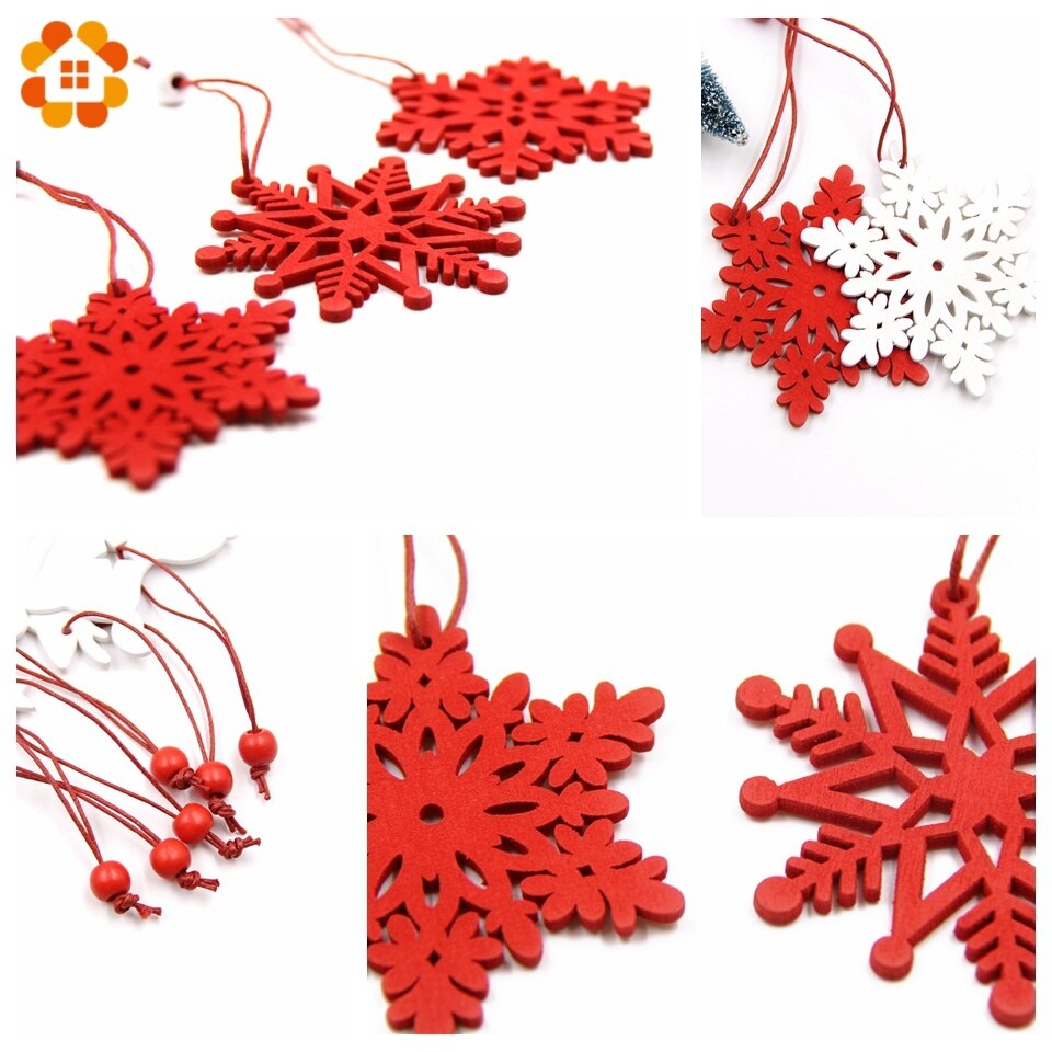 6PCS DIY White&Red Snowflakes Christmas Wooden Pendants Ornaments for Xmas Tree