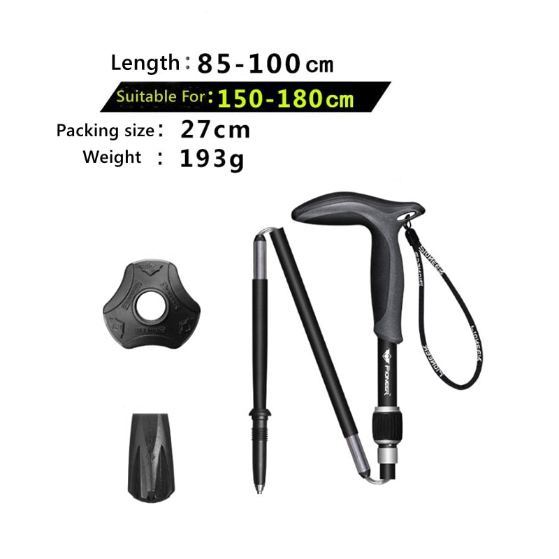 Pioneer 1 Pcs T Handle Trekking Pole Carbon Fibre Hiking Cane Matte Black 5 Sections Ultralight Portable Walking Sticks Outdoor