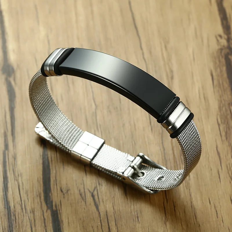 Meaeguet Personalized Bangle Men's Slide Mesh Bracelet Customized Name Wristband Stainless Steel Male Bileklik Pulseira