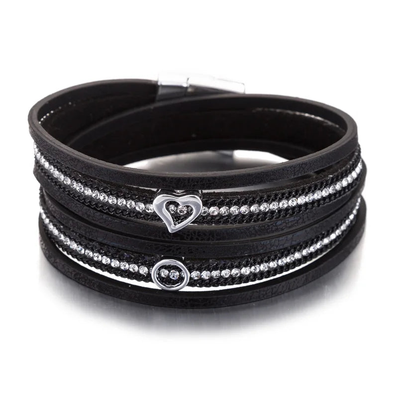 HOCOLE Fashion Gem Rhinestone Magnetic Leather Bracelets & Bangles Bohemian Handmade Multilayer Wrap Jewelry Women Pulseira