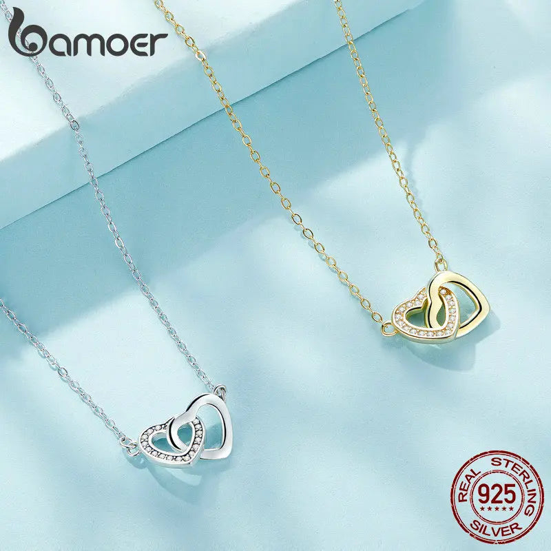 Bamoer 925 Sterling Silver Connected Heart Pendant Necklace for Girlfriend Valentine's Day Fine Jewelry SCN181