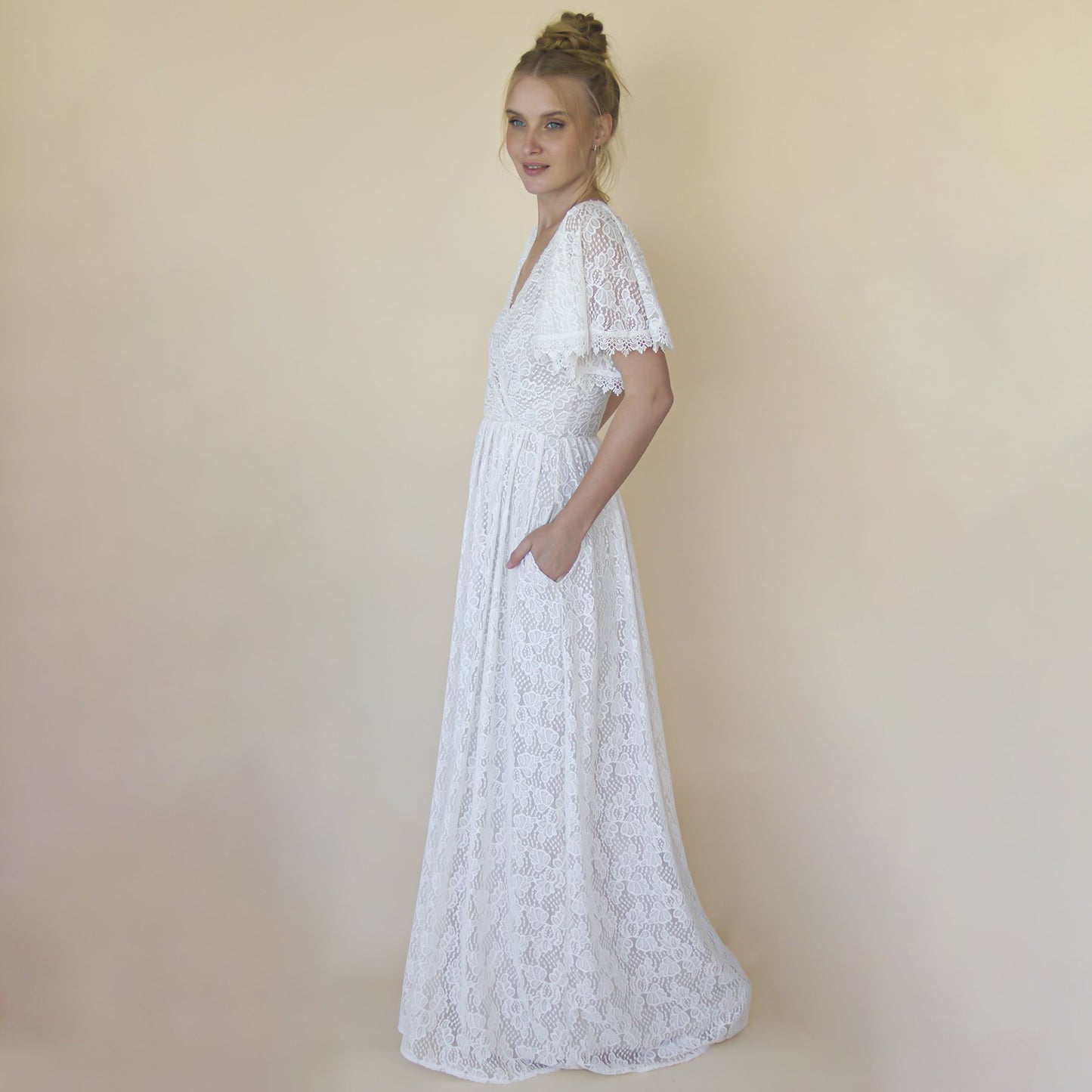 Ivory Pearl Lace Bohemian Wedding Dress With Pockets #1345
